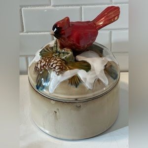VTG rustic round lidded container trinket box Christmas decor cardinal candy jar